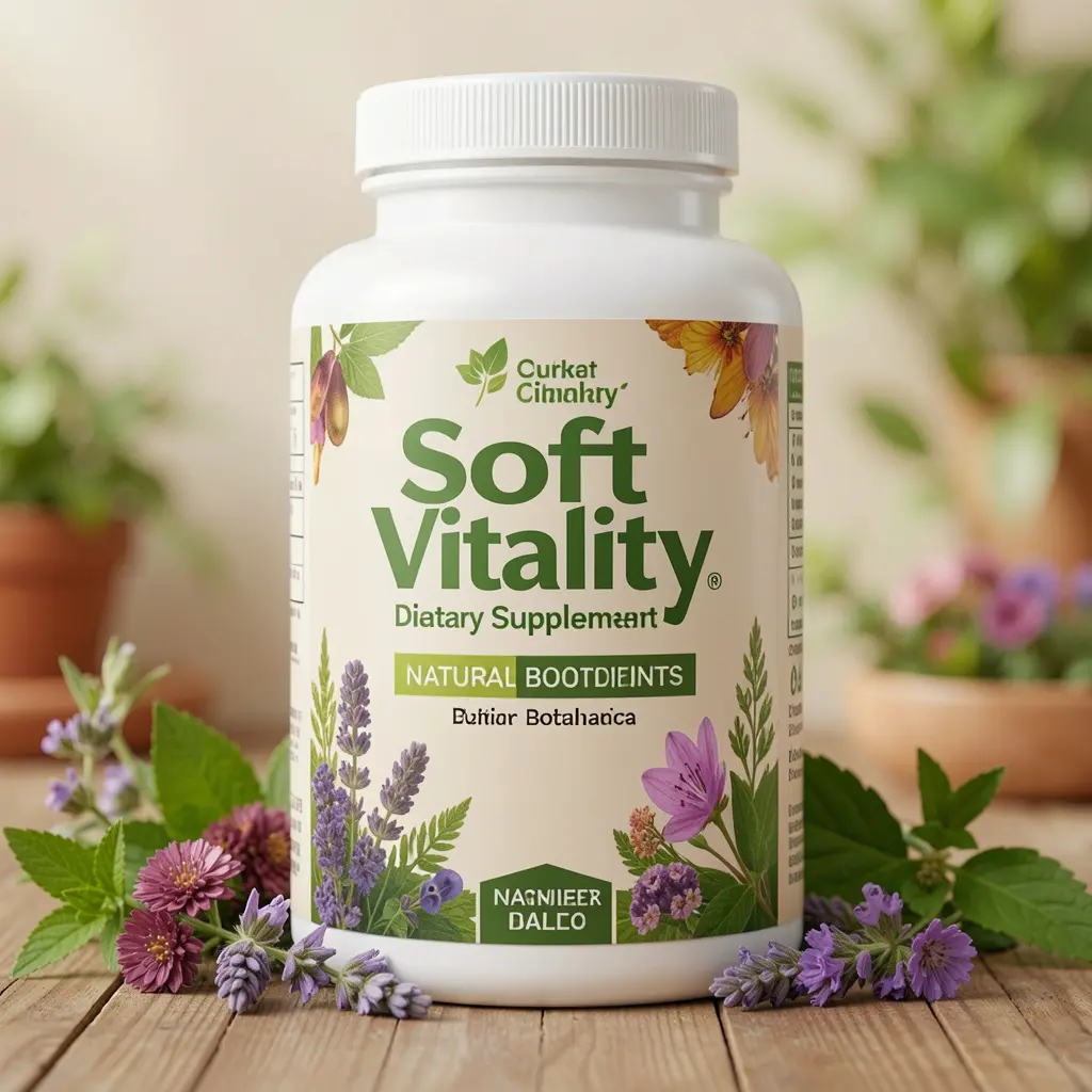 Soft Vitality dietary supplement bottle with natural botanical ingredients